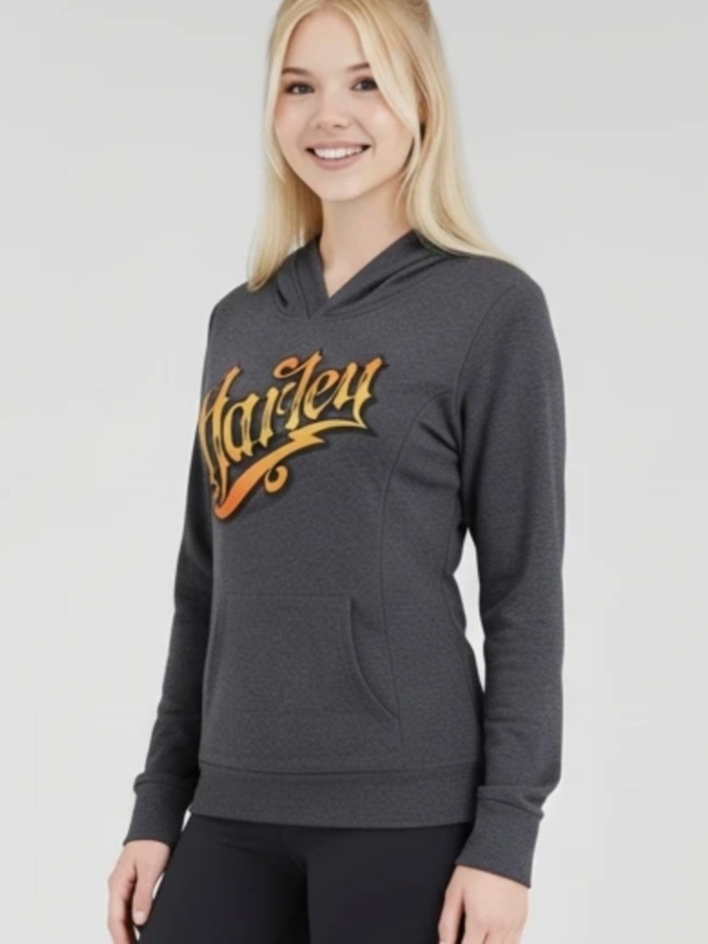 Anvil Womens Size Small Harley Davidson Charcoal Long Sleeve Grey Hoodie